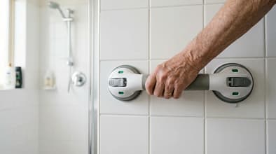 Best suction grab bars for seniors installed on bathroom wall with a senior hand holding the bar for support