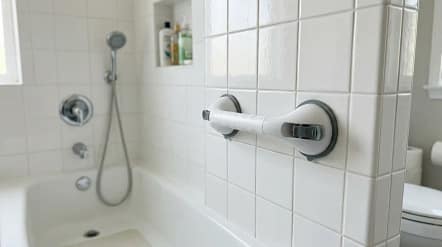 best suction grab bars for seniors installed on a tiled shower wall in a realistic bathroom setting