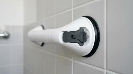 suction grab bar locking mechanism shown on tiled wall with realistic bathroom installation