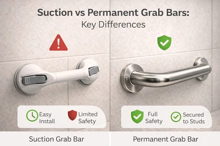 Suction vs permanent grab bars key differences showing easy install suction bar and securely mounted grab bar on bathroom wall