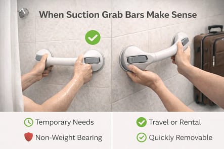 Suction grab bar installed on bathroom tile showing temporary use and removable installation for travel or rental situations