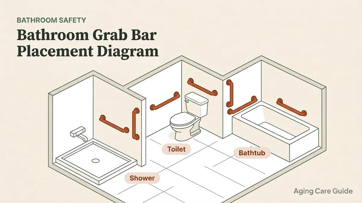 Bathroom grab bar placement diagram showing grab bar locations at the shower, toilet, and bathtub
